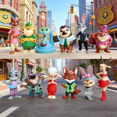 疯狂动物城6件套摆件，包括尼克、朱迪、小树懒和其他卡通人物摆件，汽车造型，桌面摆件及收藏品，办公室或书桌装饰，可爱卡通摆件，房间装饰，疯狂动物城主题派对礼物，情人节、新年和生日礼物佳选