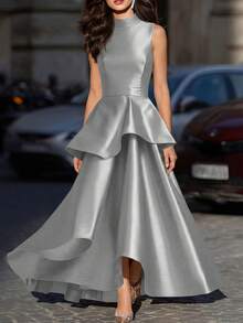 Vuslat 女士奢华灰色无袖立领缎面褶裥腰身优雅不对称长款晚礼服，适合正式派对、毕业典礼、聚会、婚礼及其他正式场合，优雅时尚的A字廓形 - 灰色 - 查看 3