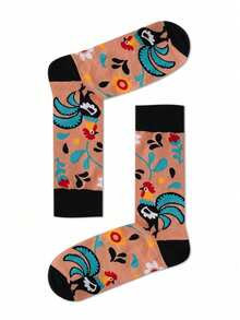 1 par de meias cano médio unissex com estampa colorida de galo na cor marrom claro, respiráveis e ideais para uso diário na primavera e no outono. - Multicolorido - Ver 5