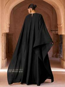 Abaya de gasa azul elegante, adornada con decoración plateada, de manga larga, adecuada como abaya, abaya de fiesta o vestido formal (corte holgado - consulte la tabla de tallas) - Negro - Ver 2