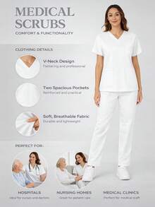 Worker Uniform Set: V-Neck Short Sleeve Top And Pants White Spring - White - View 3