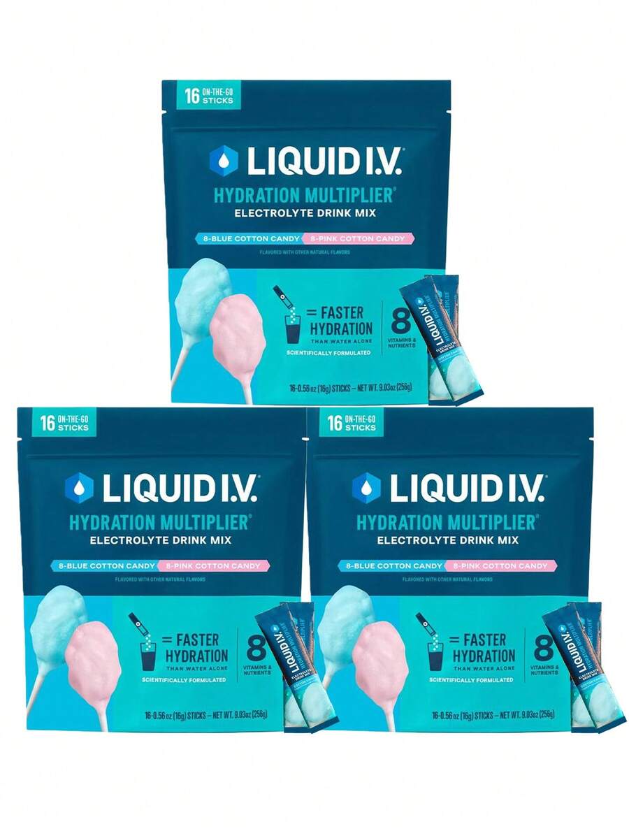 Liquid I.V. Hydration Multiplier - Cotton Candy - Hydration Powder Packets | Electrolyte Powder Drink Mix | Convenient Single-Serving Sticks | 8 Vitamins & Nutrients | 1 Pack (16 Servings) - 3Bottles - 查看 1