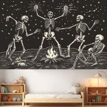 Skeleton Tapestry Skull Tapestry Starry Tapestry Black And White Stars Bonfire Dance Music Tapestry Wall Hanging For Living Room Bedroom Aesthetic - Black - View 1