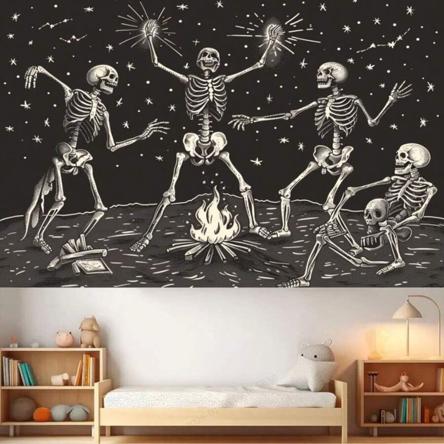 Skeleton Tapestry Skull Tapestry Starry Tapestry Black And White Stars Bonfire Dance Music Tapestry Wall Hanging For Living Room Bedroom Aesthetic - Black - View 1
