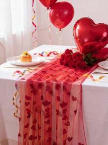1件情人节网纱心形桌旗，红粉色心形网纱桌布，浪漫氛围装饰，适用于情人节、婚礼、生日，荷叶边设计，透明心形图案派对桌旗，活动派对装饰，餐桌装饰 - 彩色 - 查看 1