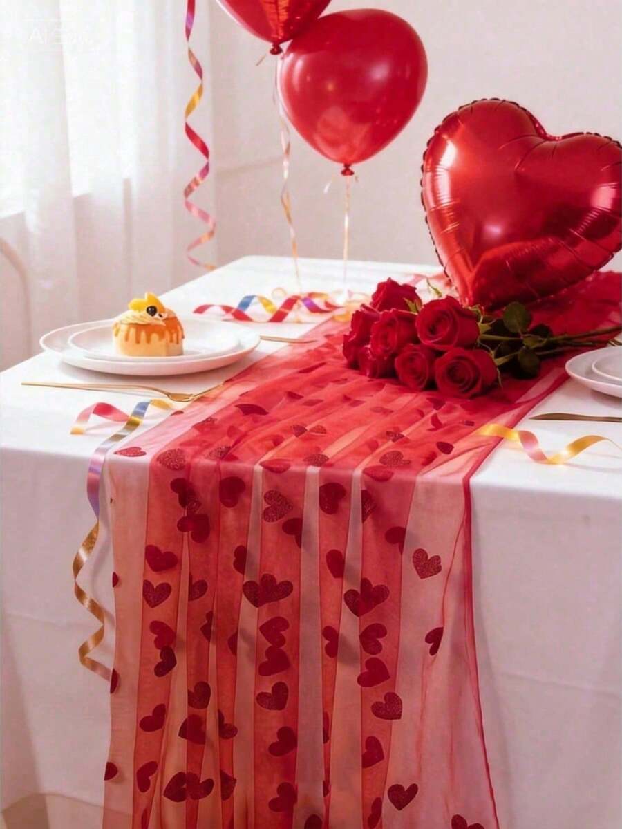 1件情人节网纱心形桌旗，红粉色心形网纱桌布，浪漫氛围装饰，适用于情人节、婚礼、生日，荷叶边设计，透明心形图案派对桌旗，活动派对装饰，餐桌装饰 - 彩色 - 查看 1
