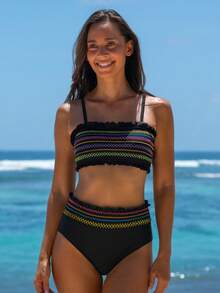 popvil 女士霓虹条纹荷叶边抹胸露背系带比基尼套装，配有可拆卸肩带，适合夏季度假和海滩穿着 - 黑色 - 查看 3