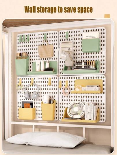 四件套DIY洞洞板收纳架套装，包含4个配件、5个挂钩、2张粘性贴纸、洞洞板、壁挂式收纳架、家居装饰收纳盒、厨房置物架、3种颜色可选、橱柜收纳架、储物架、宿舍桌面收纳架、厨房展示架