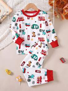 BrownBark 2pcs Young Boys Spring Casual Car & Animal Graphic Round Neck Top + Pants Set, Soft & Comfortable Everyday Outfit, Suitable As Daily Gift - Multicolor - View 1