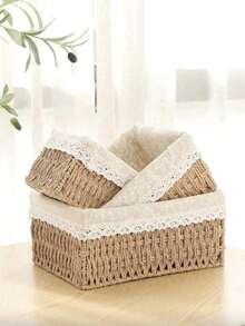 三件套（小号+中号+大号），包含一个波西米亚风编织桌面收纳篮，蕾丝花边设计，可收纳化妆品、洗漱用品、钥匙、零食等，适用于客厅、门厅、家居等场所，编织盒，装饰收纳篮，节日装饰礼品收纳篮，可重复使用，也适用于文具、衣柜、玩具、化妆品收纳，桌面整理篮，理想的礼品篮。 - 米色 - 查看 7