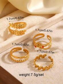 4件套18K镀金不锈钢优雅复古几何圆珠叶形戒指套装，适合女性日常、节日、派对、约会、假日佩戴