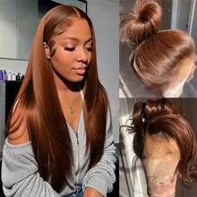 13x4高清透明蕾丝前假发，34英寸直发，真人发混纺，无需胶水。这款预先拔毛、200密度真人发混纺假发，助您打造完美自然的发际线。这款免胶蕾丝前假发无需粘合剂即可快速牢固佩戴，让您轻松打造各种美丽造型。 - 棕色 - 查看 5