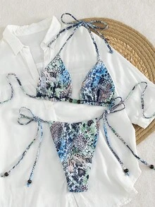 PEPPERMOLLY Women's Summer Blue 2-Piece Bikini Set, Triangle Halter Top And Side Tie Bottoms, Suitable For Sexy Swimwear, Holiday Pool Party Fashion Swimwear Vacation - Blue - View 4