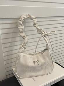 1个纯色时尚新款蝴蝶结手提包，2026新款女士小方包，时尚个性简约褶皱单肩斜挎包 - 白色 - 查看 6