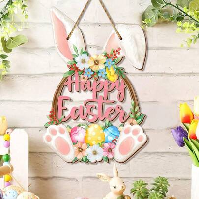 1PC Easter Bunny Door Sign, Happy Easter Wooden Hanging Decorations, Easter Eggs Hanging Plaque Bunny Rabbit Sign Wall Hanger Floral Spring Decor For Front Door Porch Yard Wall Home Decorations