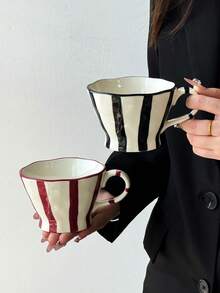 1个条纹锥形陶瓷咖啡杯，欧式简约陶瓷马克杯，水杯，陶瓷杯，高品质水杯，早餐杯，牛奶杯，果汁杯，下午茶杯，办公水杯，咖啡杯，礼品杯 - 彩色 - 查看 9