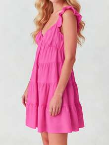 Womens Summer Tiered Solid Color Dresses Casual Boho Smocked Ruffle Sun Beach Babydoll Mini Dresses Flutter Sleeve Layered Flowy Swing Dress Deep V Neck High Waist Swing Tunic Dresses  A-Line Short Dresses For Daily Party Club Going Out Dresses - Hồng - Xem 3