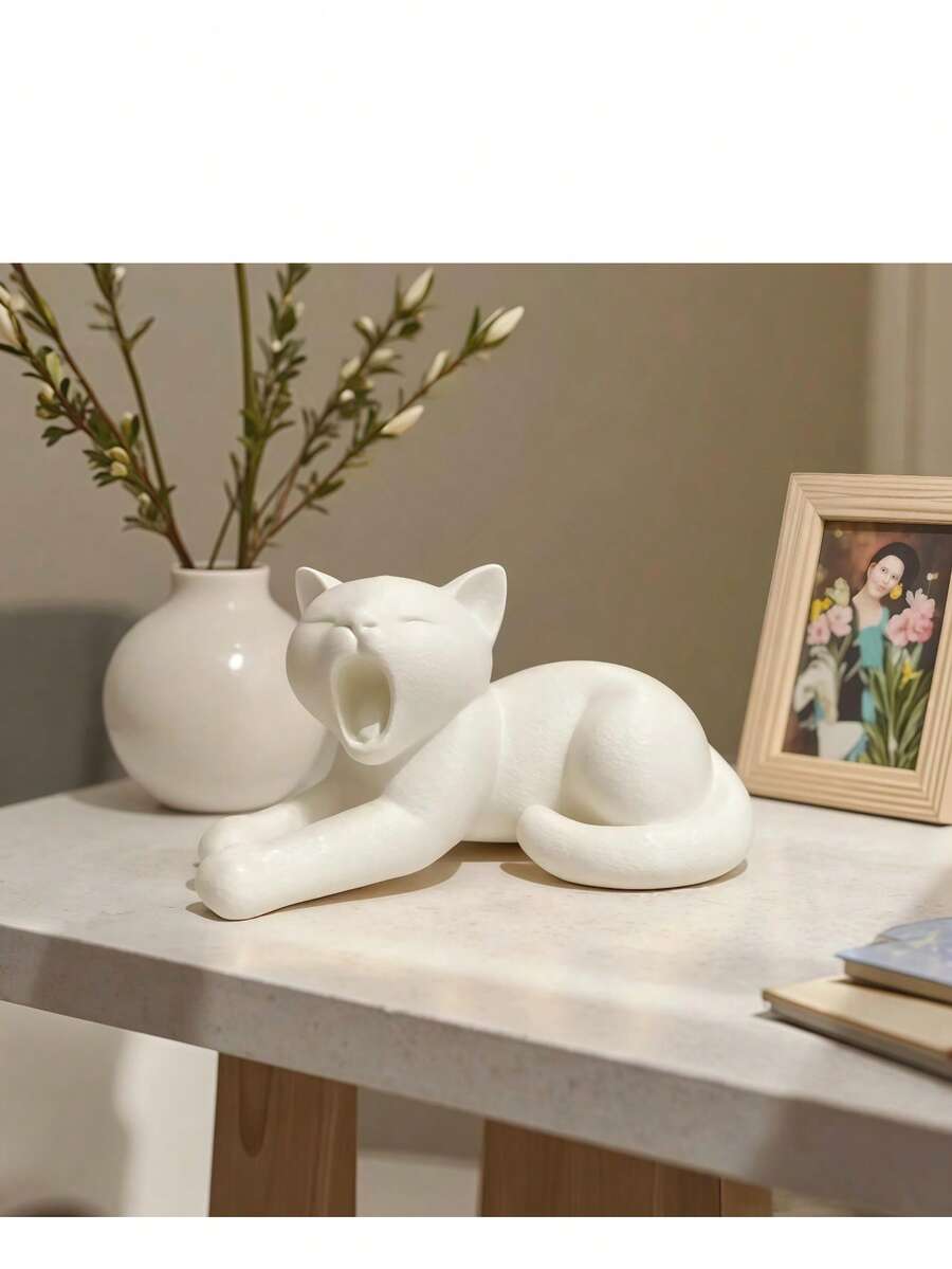 1pc Comfortable Open Mouth Sculpture, Modern Lazy Cat Resin Statue, Anime Theme Collector's Desktop Decoration, Su For Living Room, Office, Study, Bedroom, Ideal Gift For Pet Lovers, Christmas Valentine's Day New Year Home Decoration And Party Decor - Multicolor - View 1