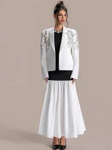 Women's Black & White Contrast Rhinestone Collar Puff Sleeve Fishtail Dress, Retro Elegant Style - Black - View 7