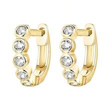 14K Gold Plated 925 Sterling Silver Pave Cubic Zirconia Huggie Hoop Earrings Women - 黃金+包邊 - 查看 3