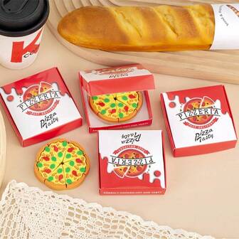 4pcs/Box Creative Prank Pizza, Designed With Realistic Food Shapes, Detachable Rubber Pads, Individually Packaged, Suitable As Student Stationery, School Supplies, Office Supplies, Student Rewards, Various Party Gifts