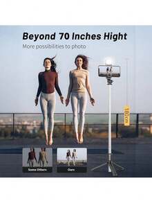 70'' Extendable Selfie Stick Tripod With Wireless Remote & Light – Portable Phone Stand For Smartphones And Cell Phones - Black - View 3