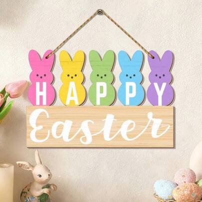 1pc Easter Wooden Sign Supplies-Bunny Hanging Sign,Happy Easter Rabbit Wooden Door Sign For Spring Easter Tree Front Door Decoration