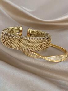 18K镀金奢华复古网状钻石结弧形不锈钢手链套装，优雅女士珠宝，适合情人节、派对、晚宴、日常佩戴、新年、婚礼、海滩、圣诞节、周年纪念日、母亲节、波西米亚风伴娘礼物 - 彩色 - 查看 8