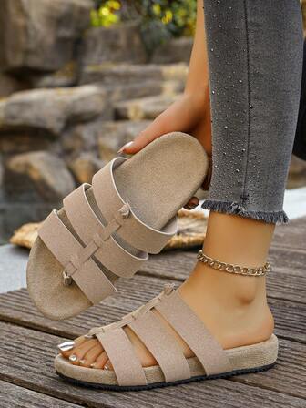 休闲编织厚底拖鞋，罗马风平底沙滩鞋，复古套脚凉鞋，大码