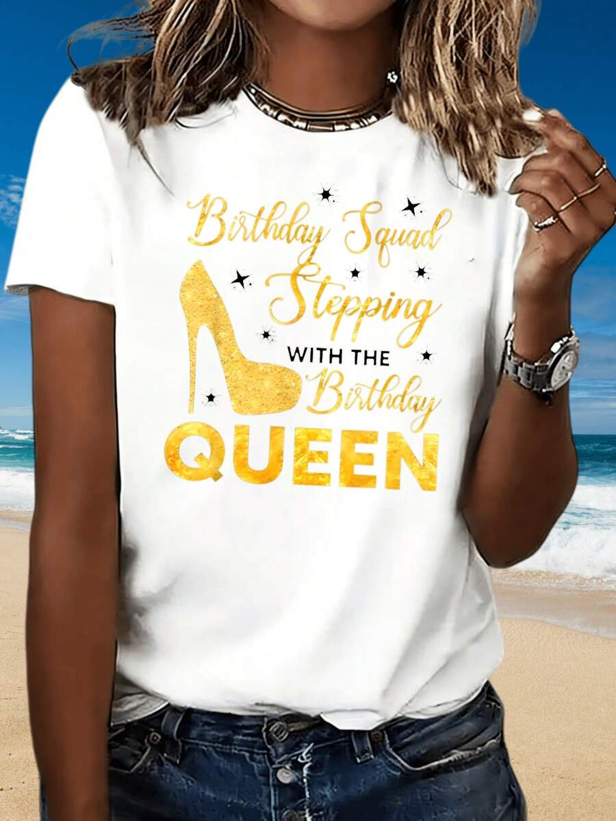 Birthday Stepping With The Birthday Queen T Shirt Women Gold High Heel Design Party Celebration Gift For Birthday Girl - Black - View 1