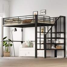Loft Bed 140 X 200. Sturdy Metal Construction With Spacious Storage Space Under The Bed And Stairs. Ideal For Children And Adults. Storage Bed For Maximum Space Efficiency. - Black - View 4