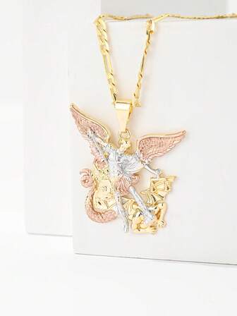 1pc Hypoallergenic Copper Inlaid Zirconia Fashion Faith Hand-Painted Tri-Color Angel Pendant Necklace, Suitable For Christmas/Thanksgiving/Halloween/Mother's Day/Valentine's Day Couples/Friends/Godparents Gift, Catholic First Communion, Daily & Holiday Wear Prayer