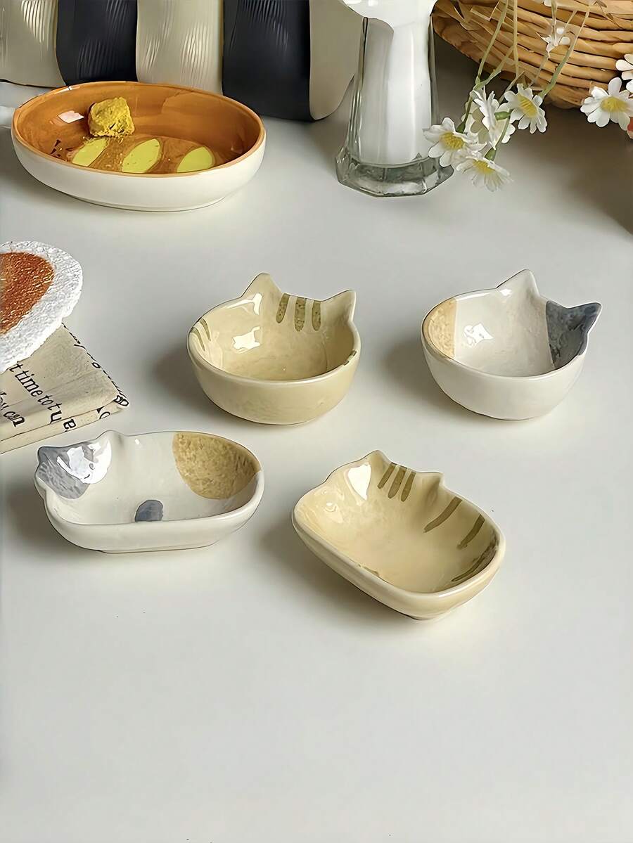 1pc Ceramic Glaze Dipping Sauce Dish, High-Quality Tableware For Hotpot, Soy Sauce, Vinegar, Stylish Japanese Cat Design - Multicolor - View 1
