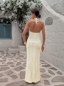 FOR BEAUTY 女士夏季新款针织杏色两件套，包含一件深V领无袖吊带背心和一条修身长裙，休闲度假风，适合海滩、假日、旅行，内含亮片上衣、女士罩衫、夏季女装春季款 - 杏色 - 查看 10