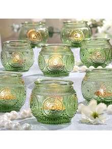 6个3D绿色向日葵玻璃烛台，光滑表面，桌面装饰烛台，复古玻璃烛台，适合家居和婚礼装饰，复古玻璃烛台，派对餐桌中心装饰玻璃烛台 - 彩色 - 查看 9