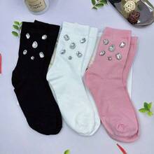 1/2/3/4 Pairs Women Solid Color Rhinestone Decorated Mid-Calf Socks, Sparkling Rhinestone Decorated Socks - Comfortable, Fashionable, Soft, Stretchy, Suitable For All Seasons, Perfect For Women's Daily Wear, Dates, Parties, And An Ideal Gift For Women, Christmas, Valentine's Day, Mother's Day - Multicolor - View 6