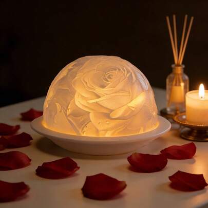 1 pieza Soporte de vela de cerámica con cúpula - Con pantalla y base, diseño de rosa romántica, textura de pétalos realista, sofisticado soporte de vela que proyecta imágenes 3D, decoración del hogar, 12,5 cm de altura, regalo ideal para el Día de San Valentín, Día de la Madre, Año Nuevo y uso diario, velas no incluidas
