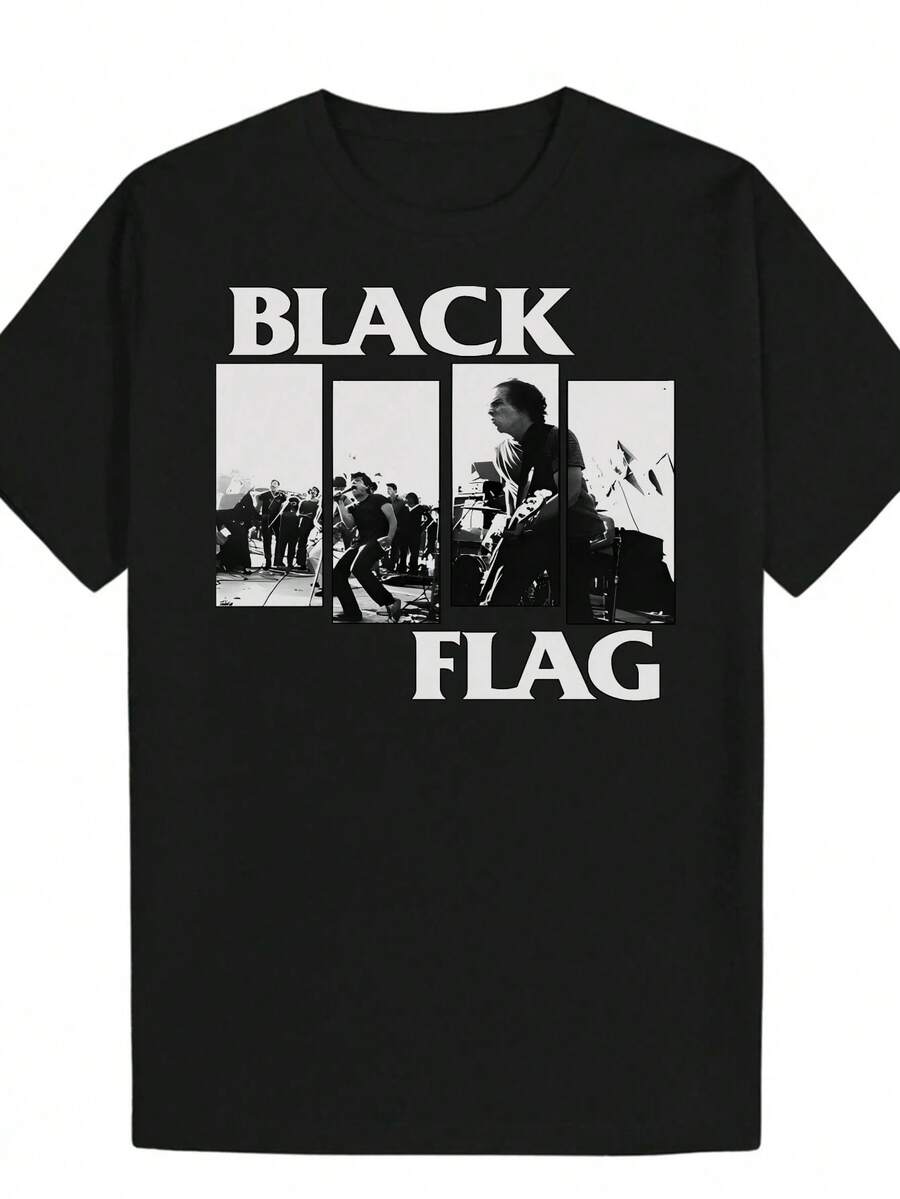 Camiseta gráfica punk rock para hombres, diseño de BANDERA NEGRA, camiseta de algodón transpirable para conciertos, ropa de calle diaria, camiseta de cuello redondo - Negro - Ver 1