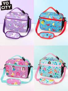 1个彩色卡通印花保温午餐包，大容量，便携式保冷手提袋，带肩带，适合工作和户外活动，保温午餐盒 - 彩色 - 查看 11