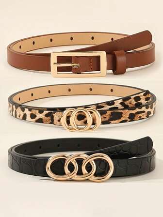 3ชิ้น ชุดเข็มขัดสตรี - หัวเข็มขัดสี่เหลี่ยมเรียบง่ายทันสมัยลายเสือดาวเข็มขัดหนัง, อเนกประสงค์สำหรับชุดเดรส, กางเกงลำลอง, ตกแต่งเอว