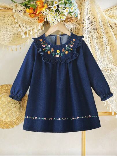 Girls' Vintage Embroidered Blue Denim Dress, Spring/Autumn 2025 New Stylish Toddler & Young GirlAutumn Round Neck Long Sleeve Knee-Length Cute Princess Dress