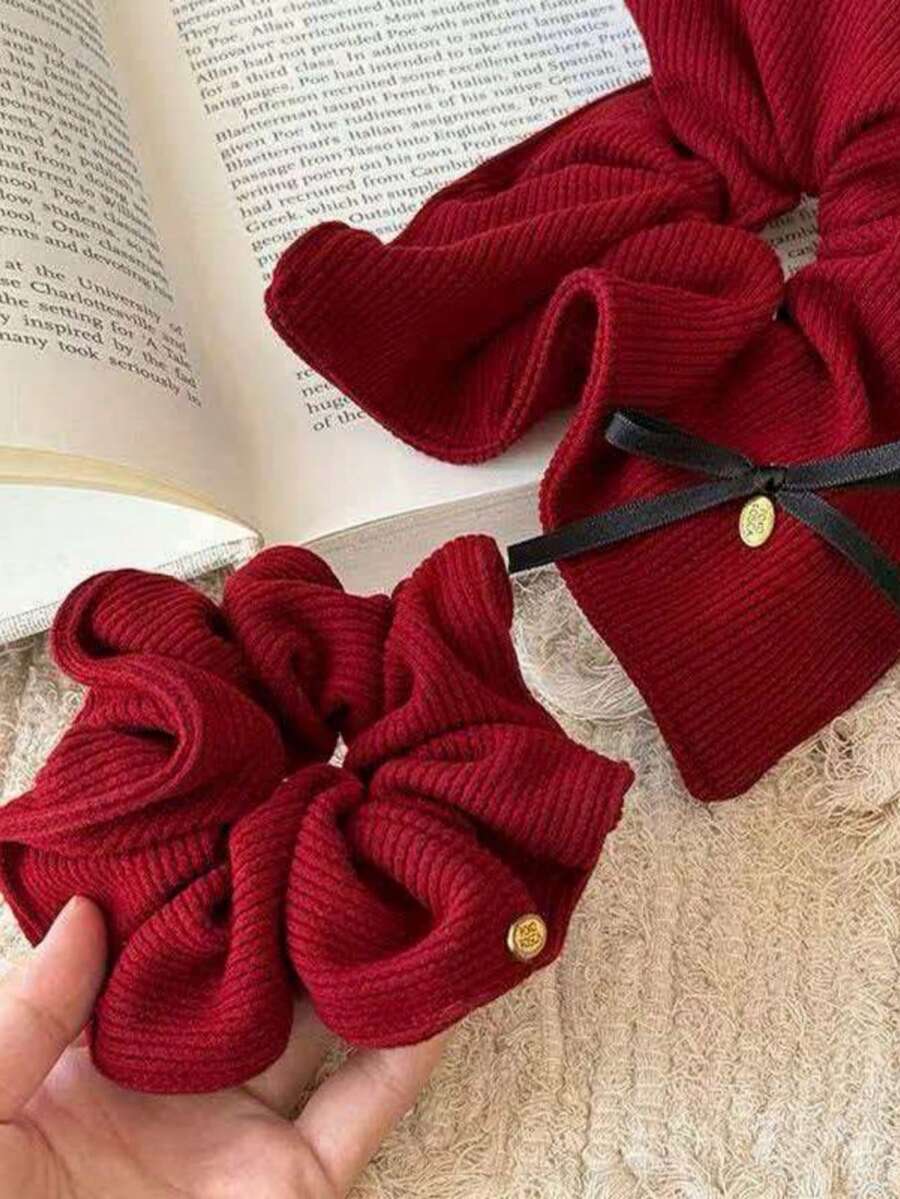 1pc Women's Burgundy Ribbed Knit Hair Scrunchie With Black Ribbon Bow And Gold Badge Decor, Fashion Daily Hair Accessory For Ponytail And Bun, Autumn/Winter Head Accessories ,Hair Elastics ,Hair Rubber Bands ,Hair Rope ,Elastic Hair Tie - Multicolor - View 1