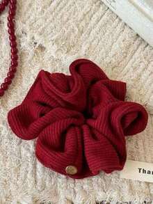 1pc Women's Burgundy Ribbed Knit Hair Scrunchie With Black Ribbon Bow And Gold Badge Decor, Fashion Daily Hair Accessory For Ponytail And Bun, Autumn/Winter Head Accessories ,Hair Elastics ,Hair Rubber Bands ,Hair Rope ,Elastic Hair Tie - Multicolor - View 3