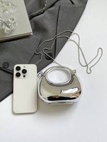 Túi xách dự tiệc hình tròn màu kim loại thời trang, túi xách tay hình tròn có vòng khuyết, túi đeo vai/đeo chéo đa năng. - Bạc - Xem 9