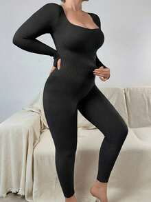 女士无缝加大码长袖塑身衣，瑜伽日常两用，简约舒适透气收腹提臀连体衣，高腰紧身设计 - 黑色 - 查看 5