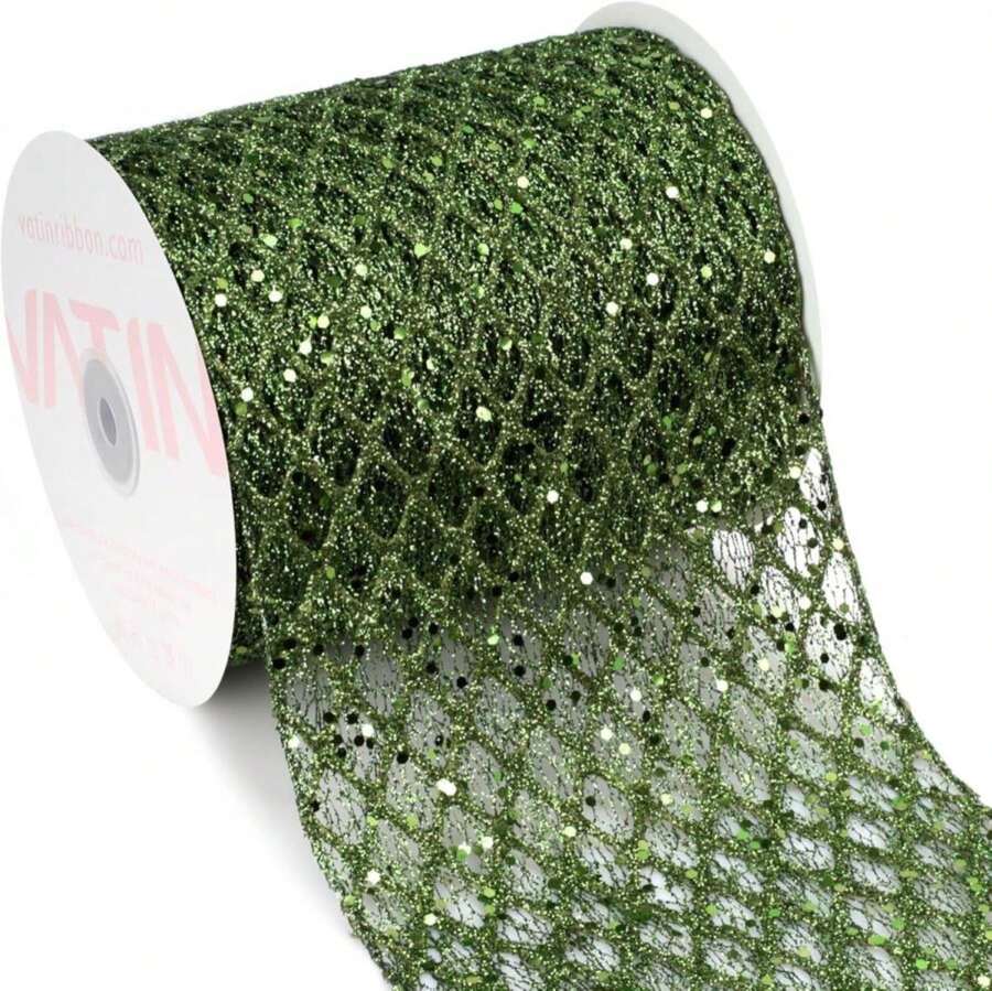 VATIN 6" Moss Green Christmas Ribbon, Green Glitter Mesh Diamond Web Sequin Dots Wired Christmas Ribbon For Gift Wrapping Bow Making Wreath Supply-10 Yards - ColorI - 查看 1