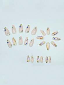 24片欧美返校季裸色杏仁色花朵清新简约美甲贴片，全覆盖式假指甲，返校季美甲艺术贴片，美甲用品，多功能日常佩戴美甲套装，适合办公室女性、派对、约会和日常佩戴，装饰您的指甲，提升您的时尚美甲品味。 - 彩色 - 查看 2