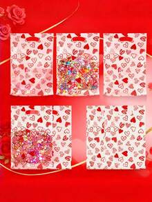 100/50/1件装爱心主题印花手提包礼盒套装，情人节小物件包装袋，透明塑料材质，情人节伴侣礼物手提包，甜蜜浪漫便携款，心形图案全印花 - 彩色 - 查看 1