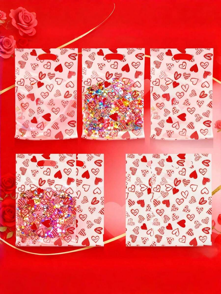 100/50/1件装爱心主题印花手提包礼盒套装，情人节小物件包装袋，透明塑料材质，情人节伴侣礼物手提包，甜蜜浪漫便携款，心形图案全印花 - 彩色 - 查看 1
