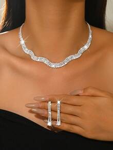 1 Set de joyería de cristal para mujer, collar ondulado brillante + aretes largos, material de cobre, adecuado para fiesta de noche, boda, regalo del Día de San Valentín - Multicolor - Ver 10